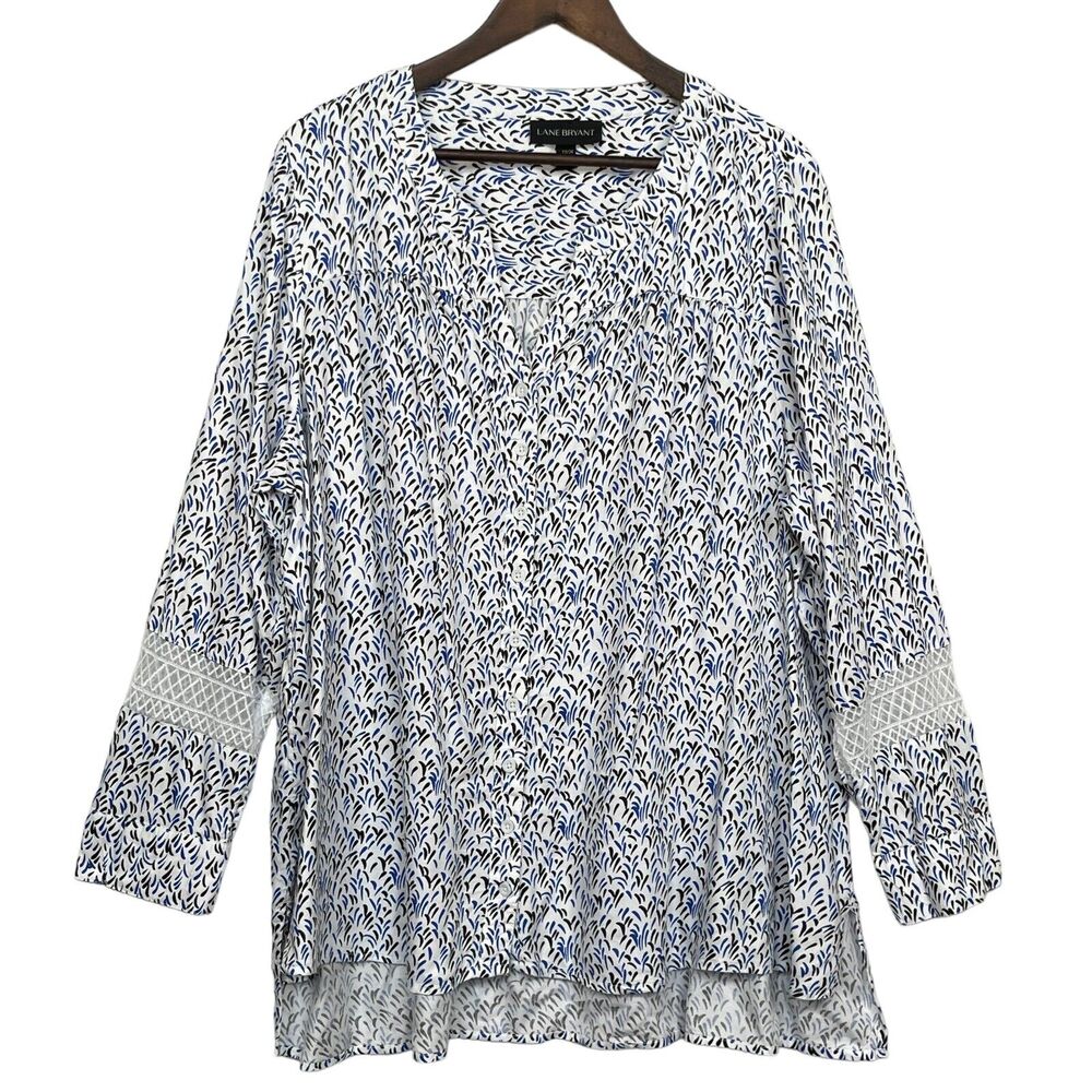 Lane Bryant Blouse Women Size 22 Henley‎ Hi-Lo Side Hem Slit Long Sleeve Printed